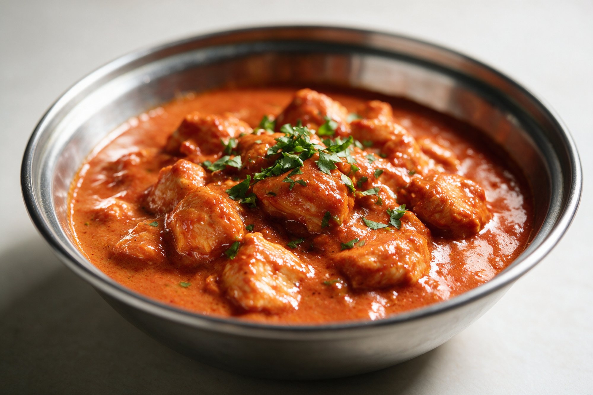 Butter Chicken del Restaurante hindú Taj Mahal, curry cremoso rojo-naranja en cuenco de acero con pollo tierno y cilantro fresco