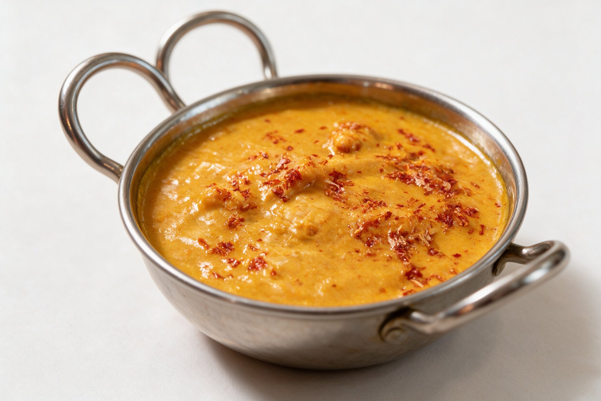 Pollo Korma del Restaurante hindú Taj Mahal, salsa dorada y brillante de coco y anacardos con pollo en cazo de metal de doble asa