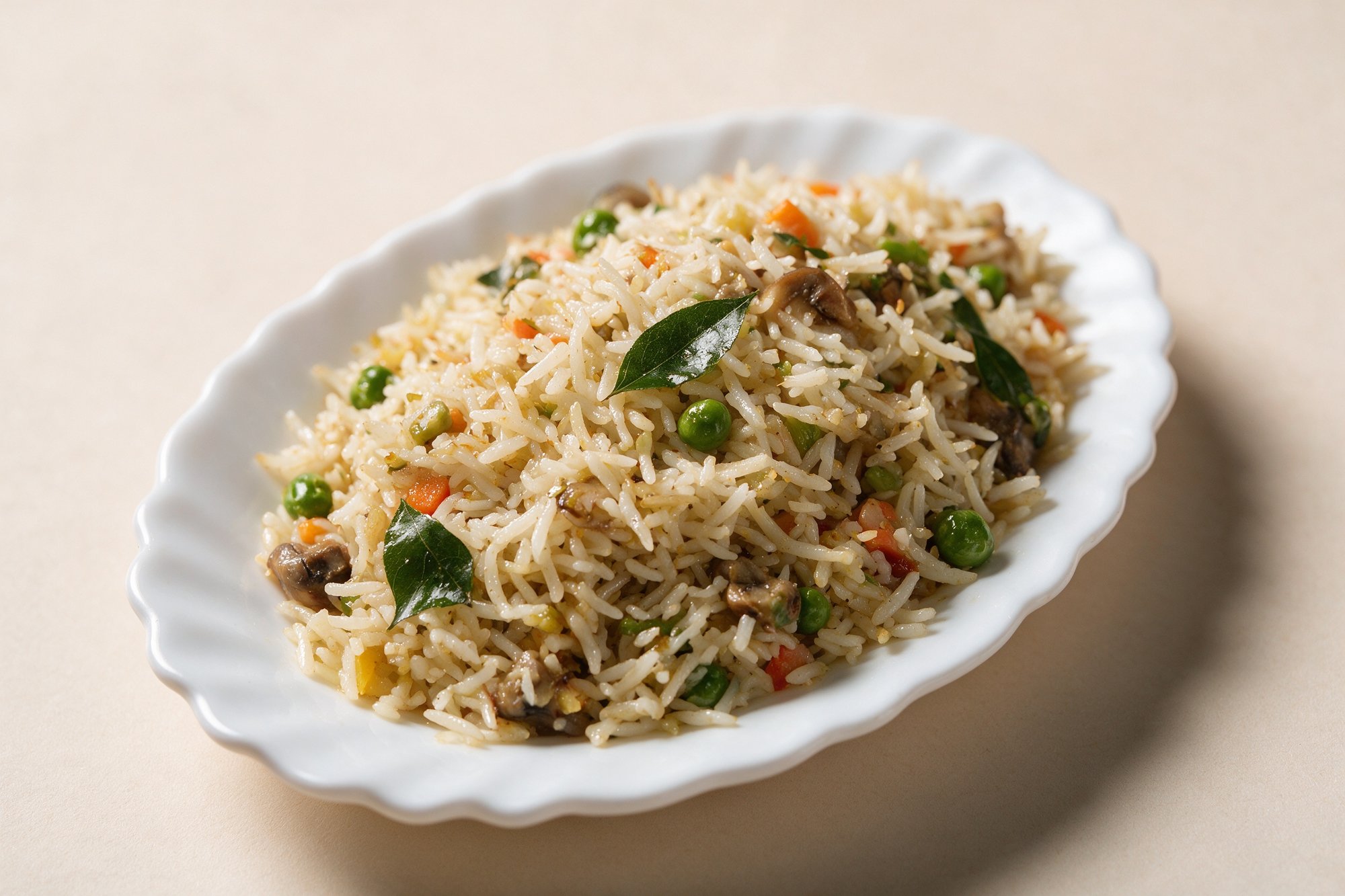 Biryani de Verduras del Restaurante hindú Taj Mahal, arroz basmati de grano largo con guisantes, zanahoria y champiñón acompañado de salsa