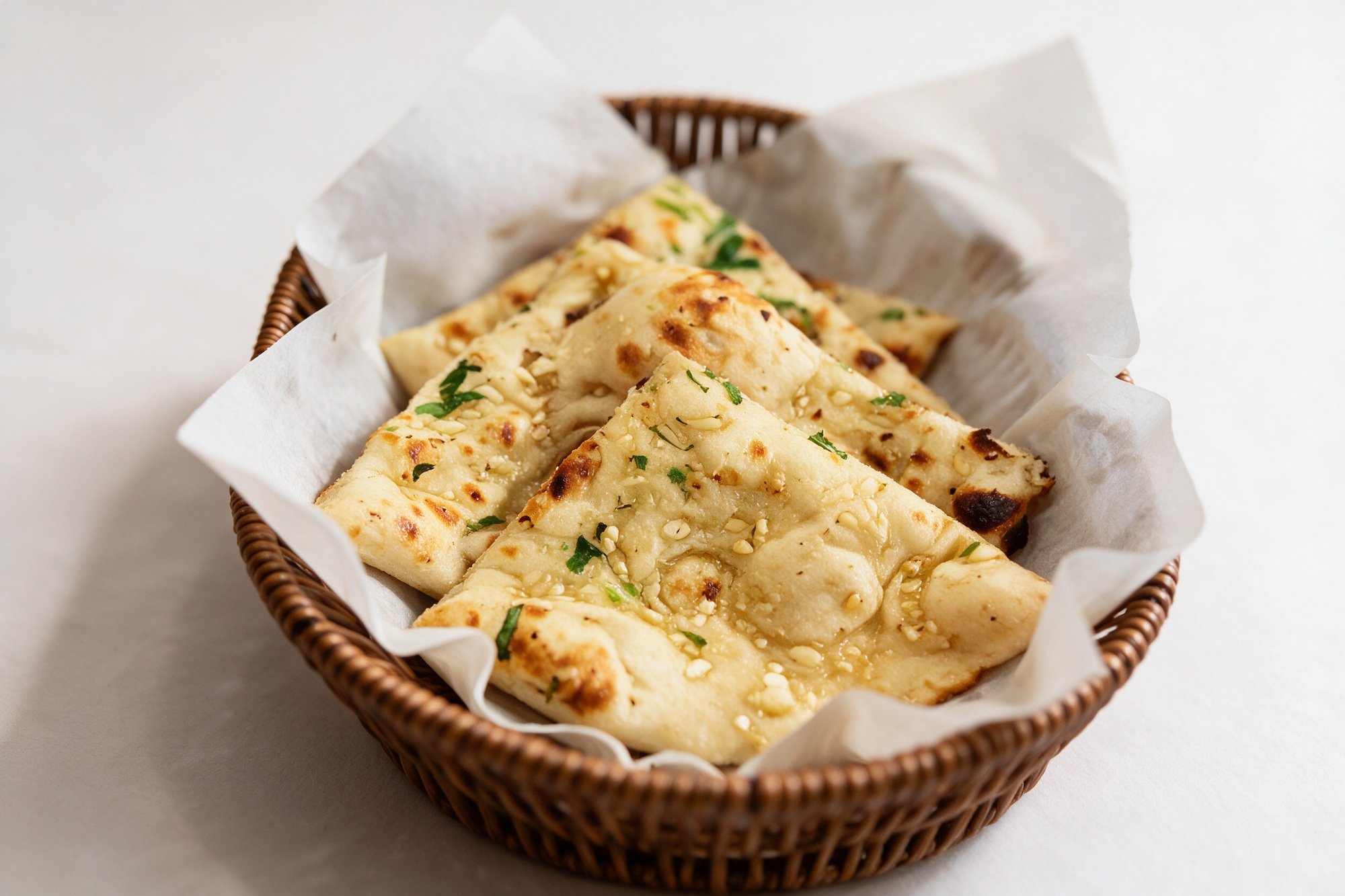 Garlic Naan del Restaurante hindú Taj Mahal, pan de forma triangular con marcas de horno, ajo y cilantro en cesta de mimbre