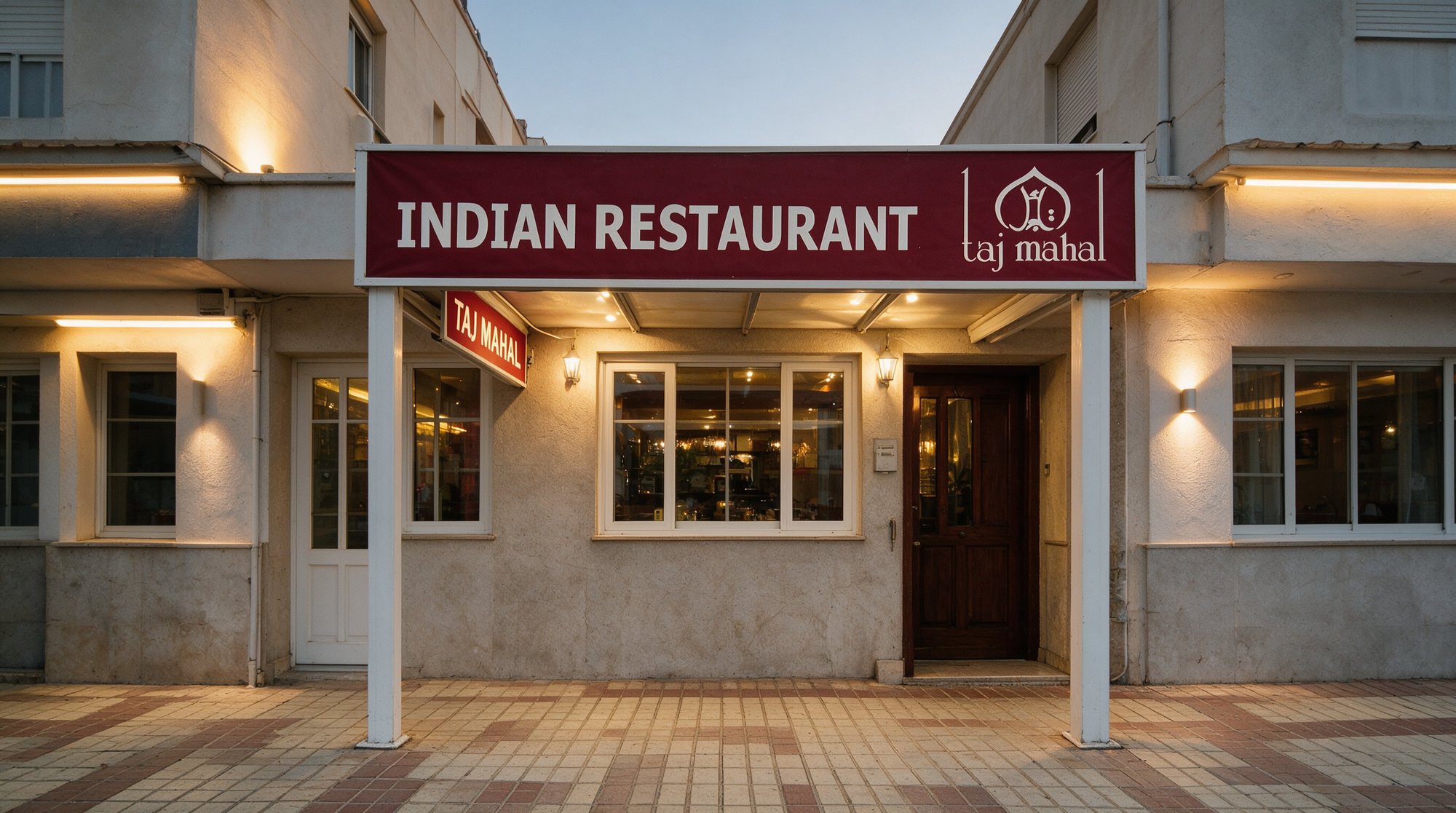 Restaurante hindú Taj Mahal en C. Timón, Torre del Mar, fachada con cartel INDIAN RESTAURANT y letrero Taj Mahal