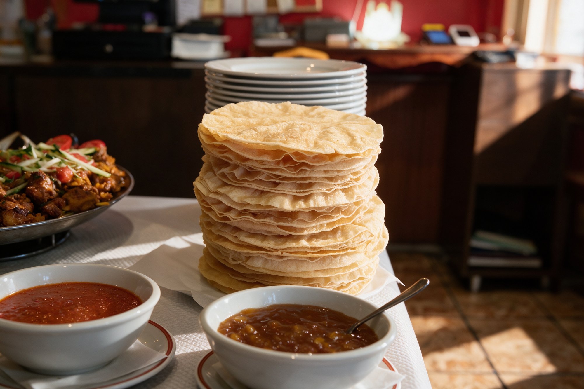 Mesa del Restaurante hindú Taj Mahal con papadams crujientes y tres salsas caseras para mojar, bandeja de servicio india